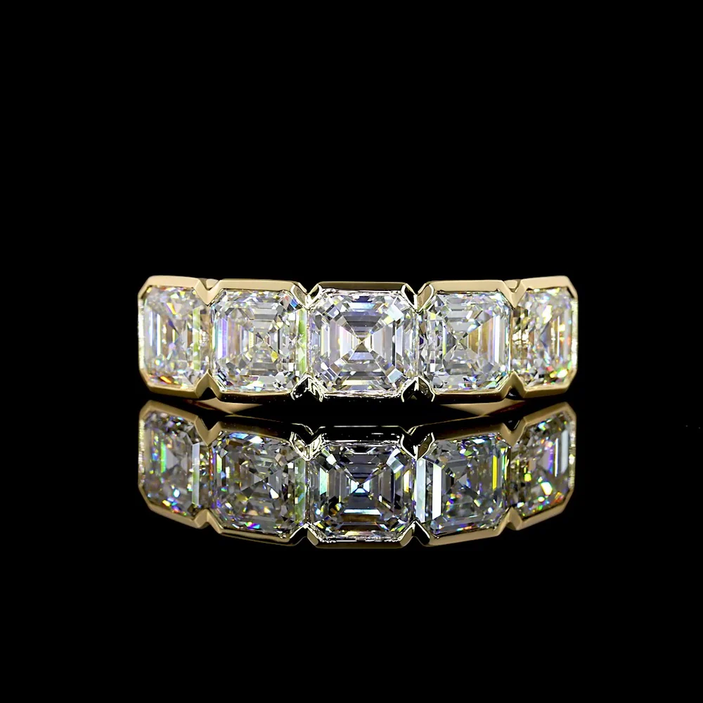 14K Yellow Gold 5-Stone Eternity Band with Half-Bezel Set Asscher Cut Lab Diamonds - 3.11 Carat Total Diamond Weight - Covaloro Fine Jewelry