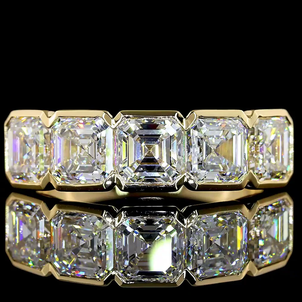 14K Yellow Gold 5-Stone Eternity Band with Half-Bezel Set Asscher Cut Lab Diamonds - 3.11 Carat Total Diamond Weight - Covaloro Fine Jewelry - Image 2