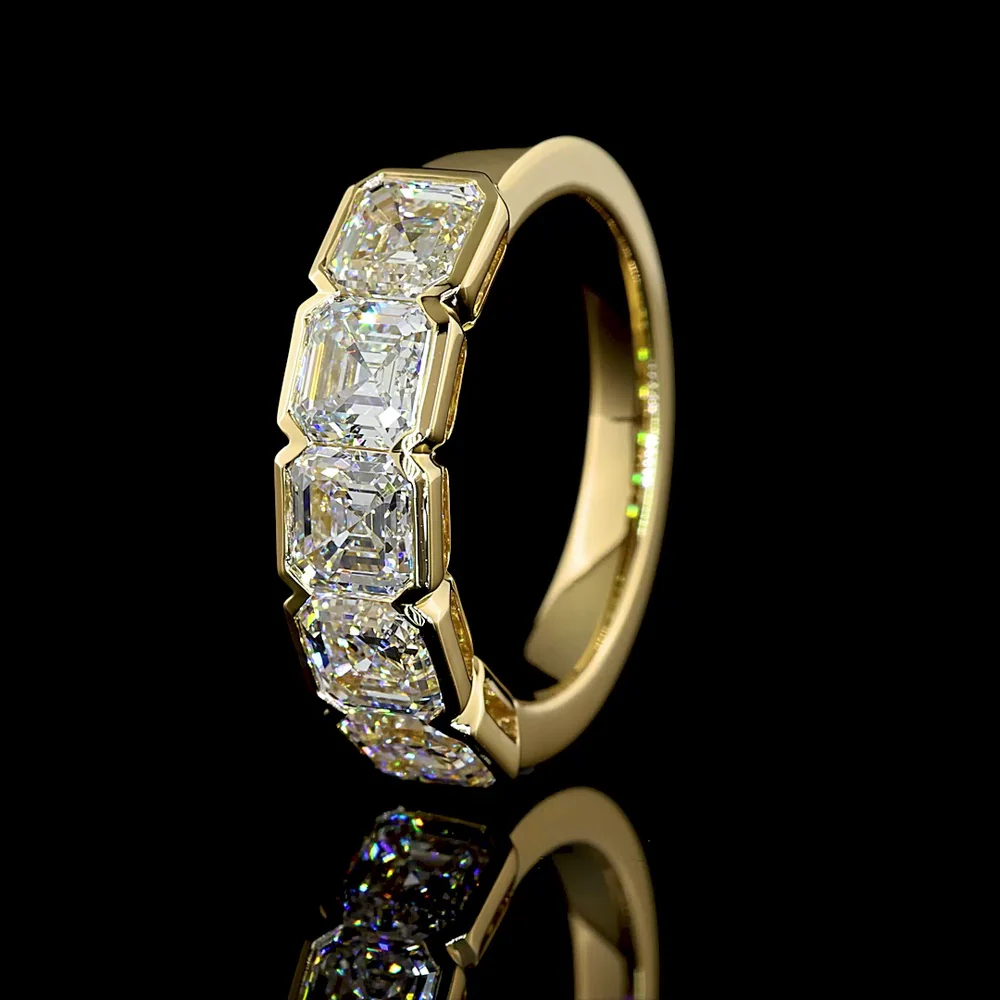 14K Yellow Gold 5-Stone Eternity Band with Half-Bezel Set Asscher Cut Lab Diamonds - 3.11 Carat Total Diamond Weight - Covaloro Fine Jewelry - Image 4