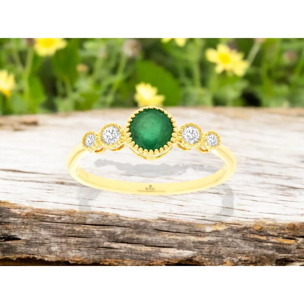 14K Yellow Gold 5-Stone Graduating Ring with 0.52 Carat Round Emerald and 0.12 Carat Round Diamonds in Bezel Milgrain Settings - Royal Jewelry - Image 2