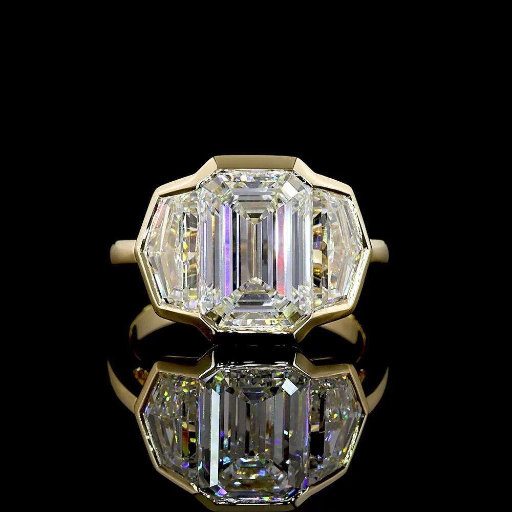 14K Yellow Gold 6.03 Carat Three Stone Ring with Bezel Set Emerald Cut Lab Diamonds - E-F Color, VS1 Clarity - Covaloro Fine Jewelry