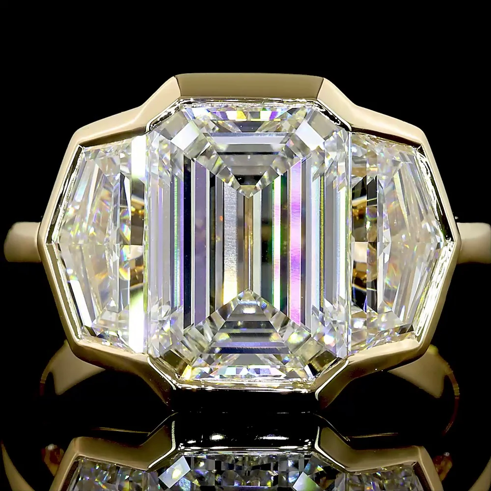 14K Yellow Gold 6.03 Carat Three Stone Ring with Bezel Set Emerald Cut Lab Diamonds - E-F Color, VS1 Clarity - Covaloro Fine Jewelry - Image 2