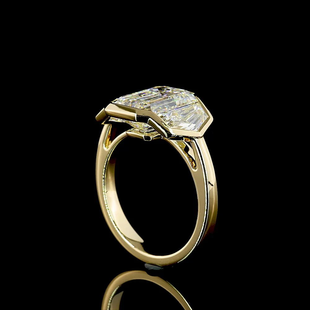 14K Yellow Gold 6.03 Carat Three Stone Ring with Bezel Set Emerald Cut Lab Diamonds - E-F Color, VS1 Clarity - Covaloro Fine Jewelry - Image 3
