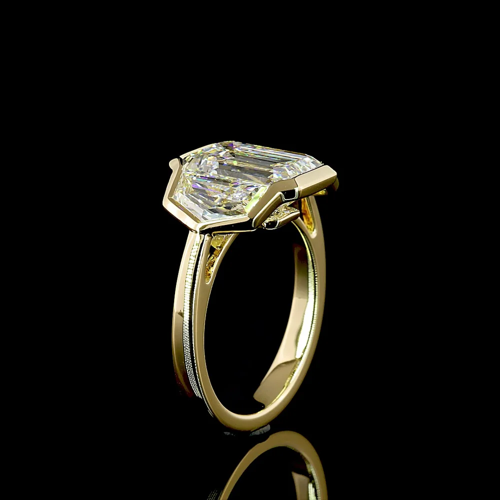 14K Yellow Gold 6.03 Carat Three Stone Ring with Bezel Set Emerald Cut Lab Diamonds - E-F Color, VS1 Clarity - Covaloro Fine Jewelry - Image 4