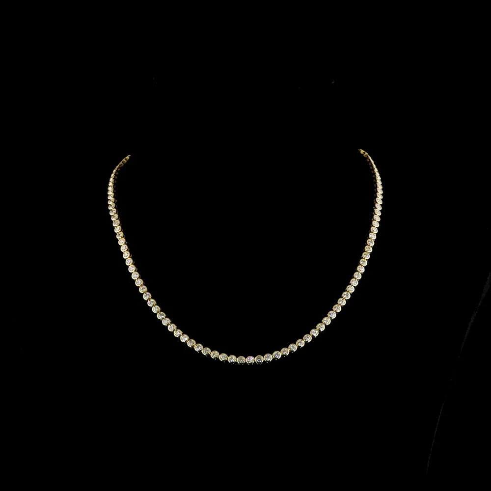 14K Yellow Gold 6.09 Carats Tennis Necklace with Bezel Set Round Lab Diamonds - 117 Stones, E-F Color, VS Clarity - Covaloro Fine Jewelry