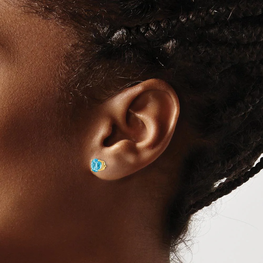 14K Yellow Gold 6mm Round Swiss Blue Topaz Stud Earrings - 1.05 Carat Total Gem Weight by Monteluci Fine Jewelry - Image 3