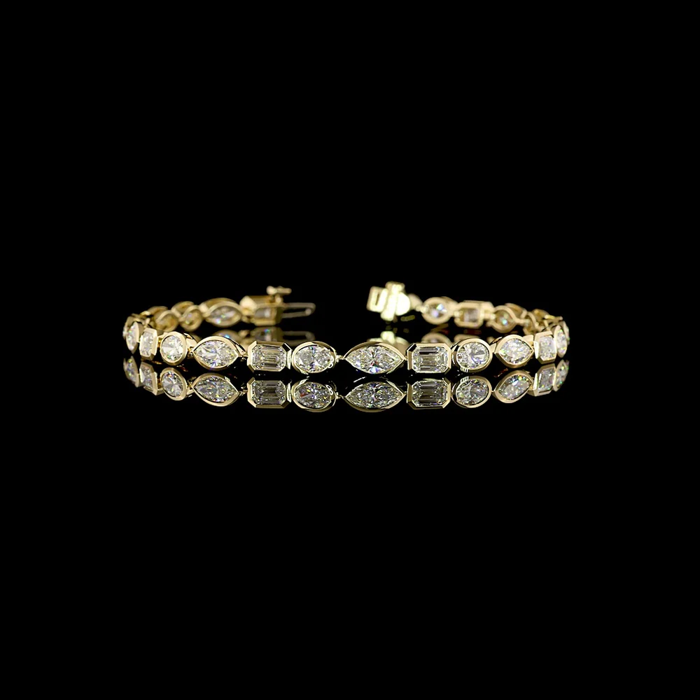14K Yellow Gold 7.25 Carat Mixed Shape Tennis Bracelet with Bezel Set Marquise, Emerald, and Oval Lab Diamonds - E-F Color VS Clarity - Covaloro Fine Jewelry