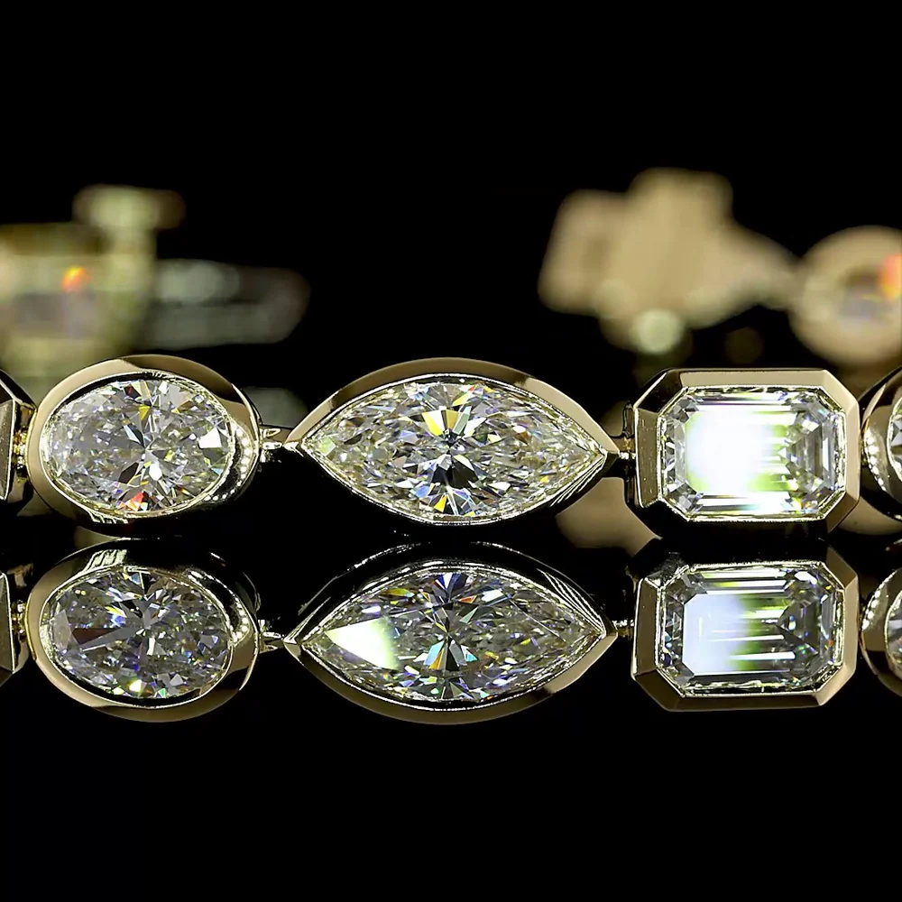 14K Yellow Gold 7.25 Carat Mixed Shape Tennis Bracelet with Bezel Set Marquise, Emerald, and Oval Lab Diamonds - E-F Color VS Clarity - Covaloro Fine Jewelry - Image 2