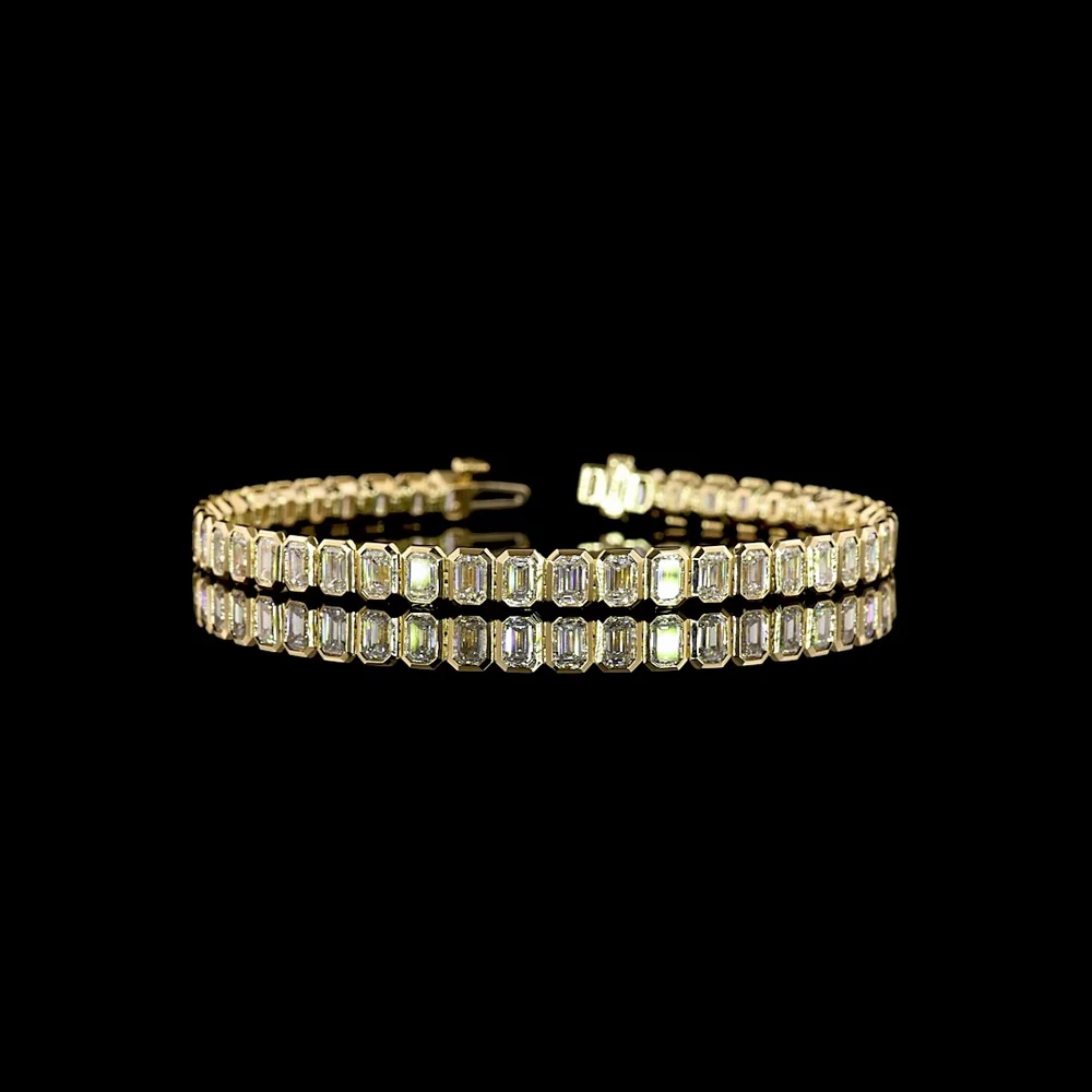 14K Yellow Gold 7.25" Tennis Bracelet with Bezel Set Emerald Cut Lab Diamonds - 8.01 Carat Total Weight - Covaloro Fine Jewelry