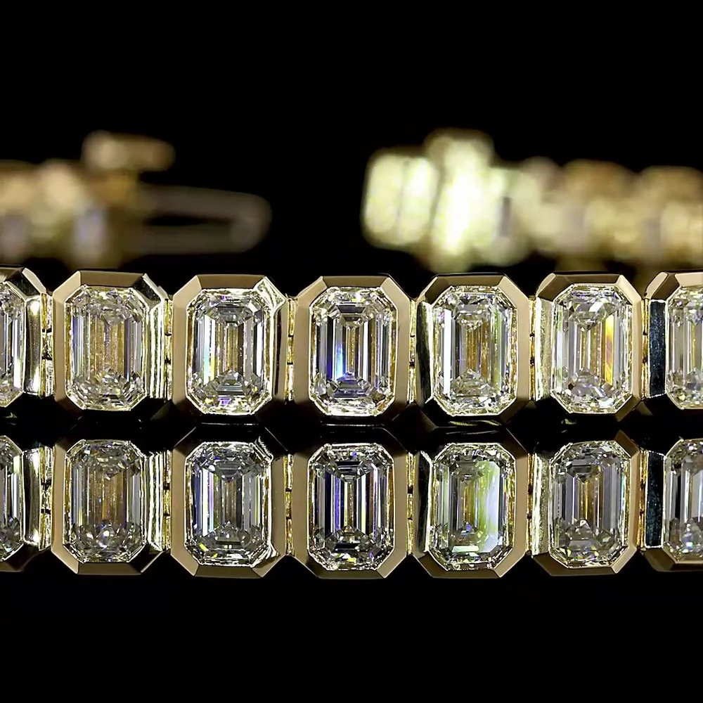 14K Yellow Gold 7.25" Tennis Bracelet with Bezel Set Emerald Cut Lab Diamonds - 8.01 Carat Total Weight - Covaloro Fine Jewelry - Image 2
