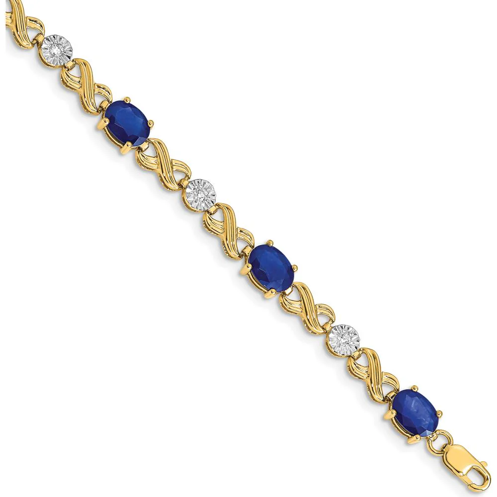 14K Yellow Gold 7.25" Tennis Bracelet with Oval Sapphires and Round Diamonds - 0.75 Carats Total Sapphire Weight, 0.21 Carats Total Diamond Weight by Monteluci Fine Jewelry