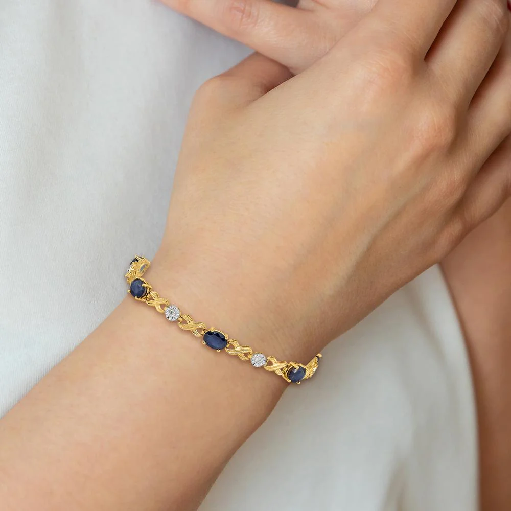14K Yellow Gold 7.25" Tennis Bracelet with Oval Sapphires and Round Diamonds - 0.75 Carats Total Sapphire Weight, 0.21 Carats Total Diamond Weight by Monteluci Fine Jewelry - Image 4