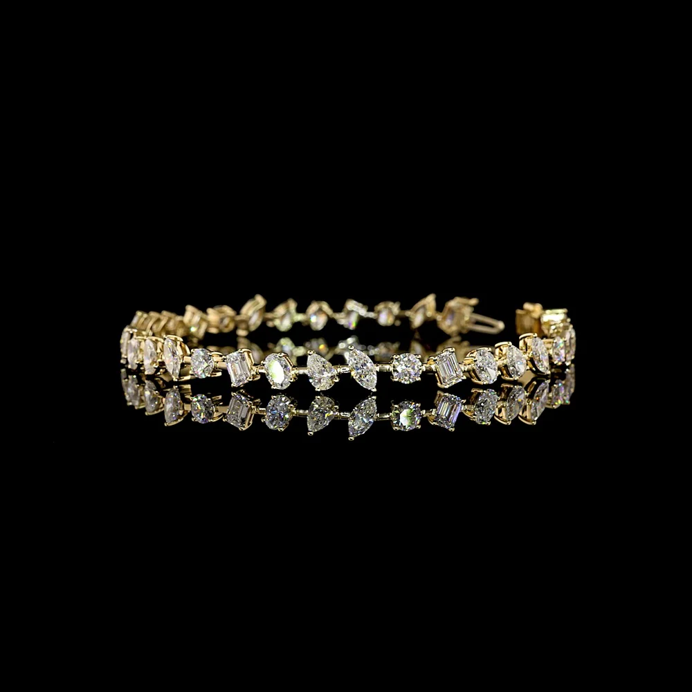 14K Yellow Gold 7.29 Carat Mixed Shape Station Bracelet with Brilliant, Emerald, Oval, and Pear Lab Diamonds - E-F VS Clarity, 33 Stones - Covaloro Fine Jewelry