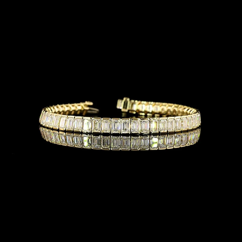 14K Yellow Gold 7.5-Inch Tennis Bracelet with 51 Half-Bezel Set Emerald Cut Lab Diamonds - 15.86 Carat Total Weight - Covaloro Fine Jewelry
