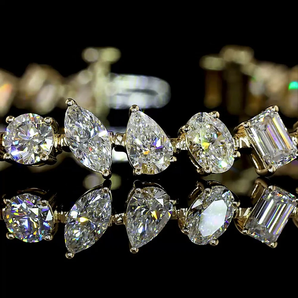 14K Yellow Gold 7.5" Mixed Shape Station Bracelet with Inclined Prong-Set Lab Diamonds (Oval, Emerald, Brilliant Round) - E-F VS1 Clarity, 8.70 Carat Total Weight - Covaloro Fine Jewelry - Image 2
