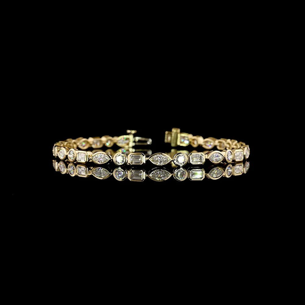 14K Yellow Gold 7.5" Tennis Bracelet with Bezel Set Emerald Cut and Marquise Lab Diamonds - 5.62 Carat Total Weight, E-F VS - Covaloro Fine Jewelry