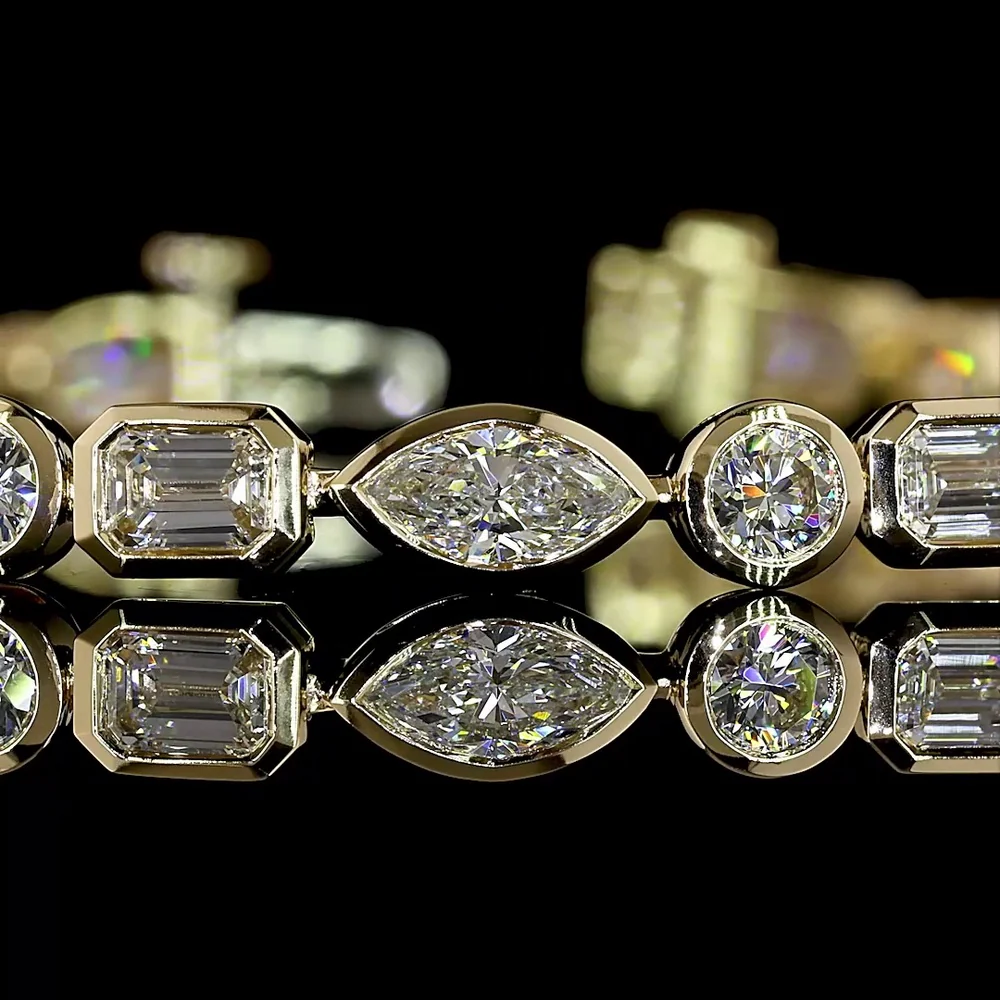 14K Yellow Gold 7.5" Tennis Bracelet with Bezel Set Emerald Cut and Marquise Lab Diamonds - 5.62 Carat Total Weight, E-F VS - Covaloro Fine Jewelry - Image 2