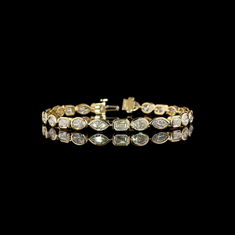 14K Yellow Gold 7.5" Tennis Bracelet with Mixed Emerald, Oval, and Marquise Cut Lab Diamonds - 10.19 Carat Total Weight - Covaloro Fine Jewelry