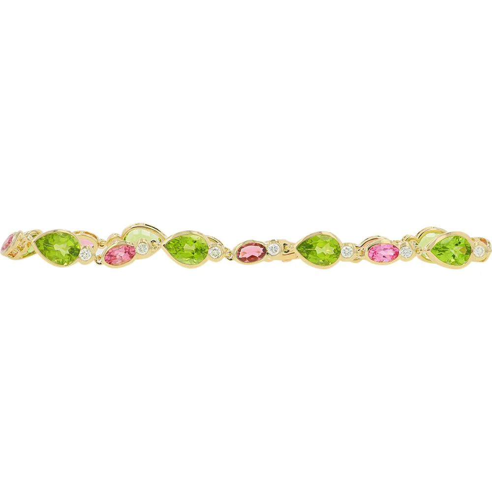 14K Yellow Gold 7.50 Carat Tourmaline & Peridot Bracelet with 0.50 Carat Diamond Accents