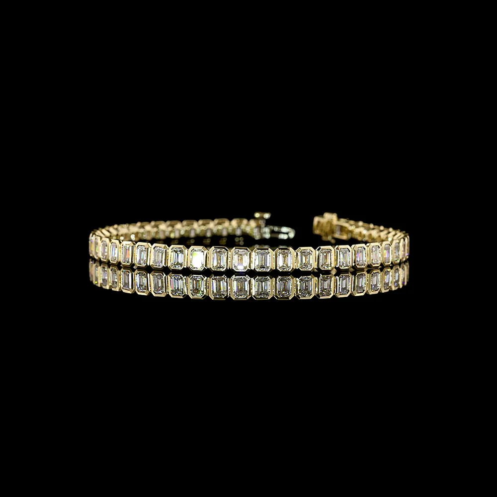 14K Yellow Gold 7.58 Carat Tennis Bracelet with Bezel Set Emerald Cut Natural Diamonds - 47 Stones, E-F Color, VS+ Clarity - Covaloro Fine Jewelry