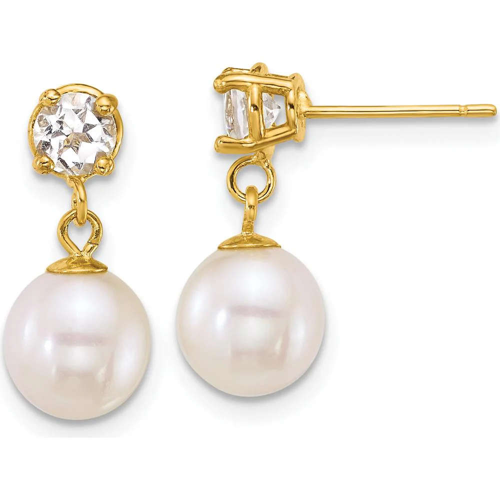 14K Yellow Gold 7-8mm Freshwater Pearl and White Topaz Dangle Earrings - 2.00 Carat Total Gem Weight by Monteluci Fine Jewelry