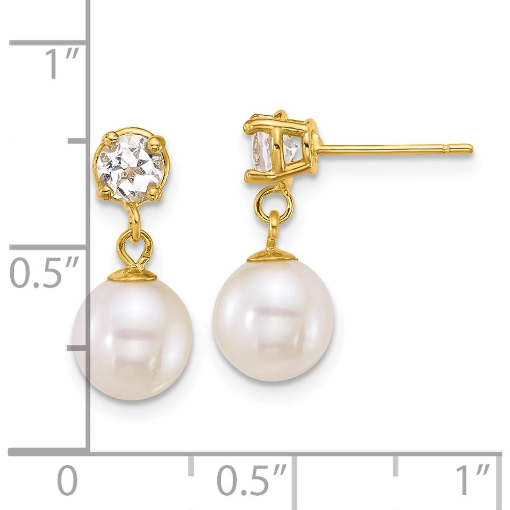 14K Yellow Gold 7-8mm Freshwater Pearl and White Topaz Dangle Earrings - 2.00 Carat Total Gem Weight by Monteluci Fine Jewelry - Image 2