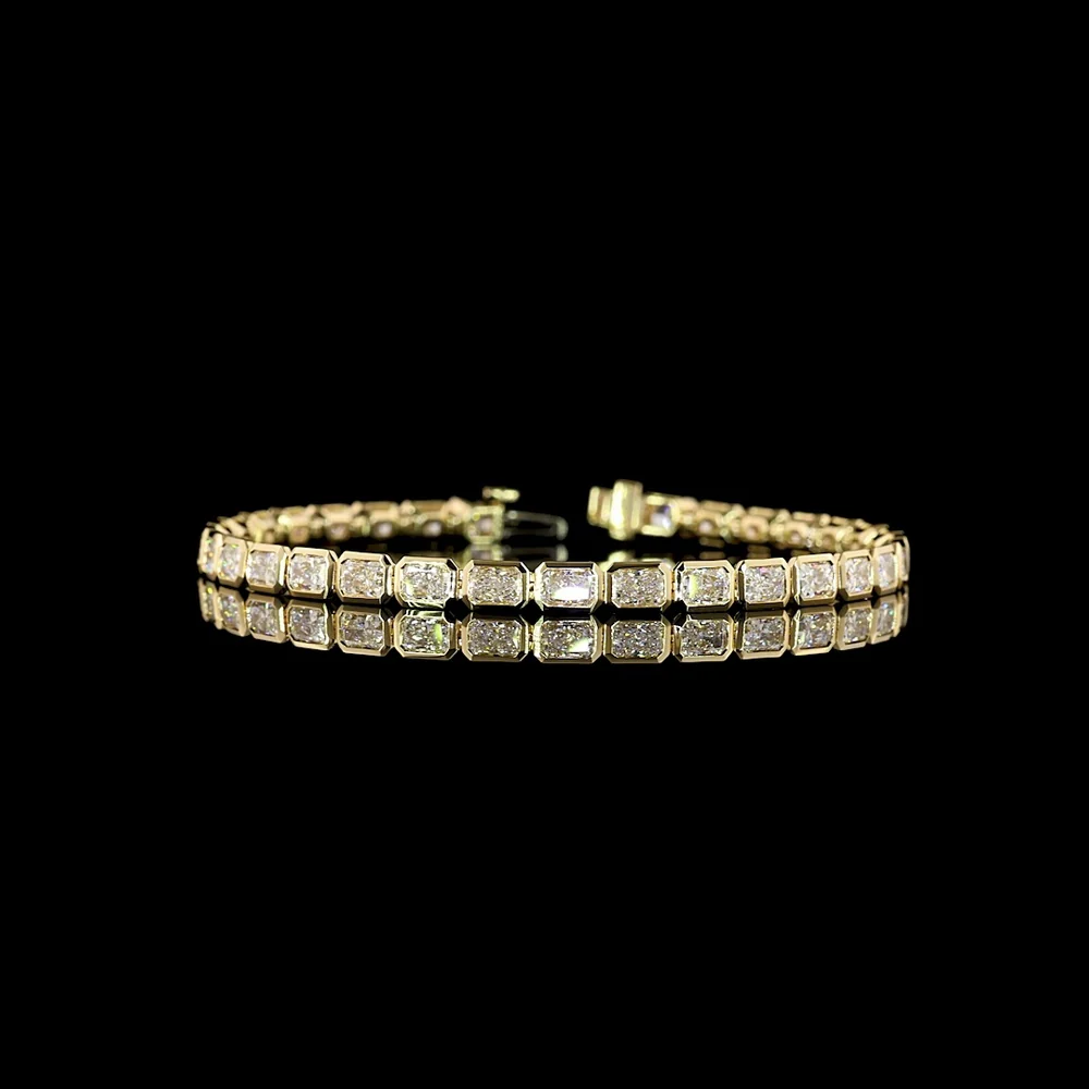 14K Yellow Gold 7" East-West Bezel Set Radiant Cut Lab Diamond Tennis Bracelet - 7.11 Carats Total Diamond Weight - Covaloro Fine Jewelry