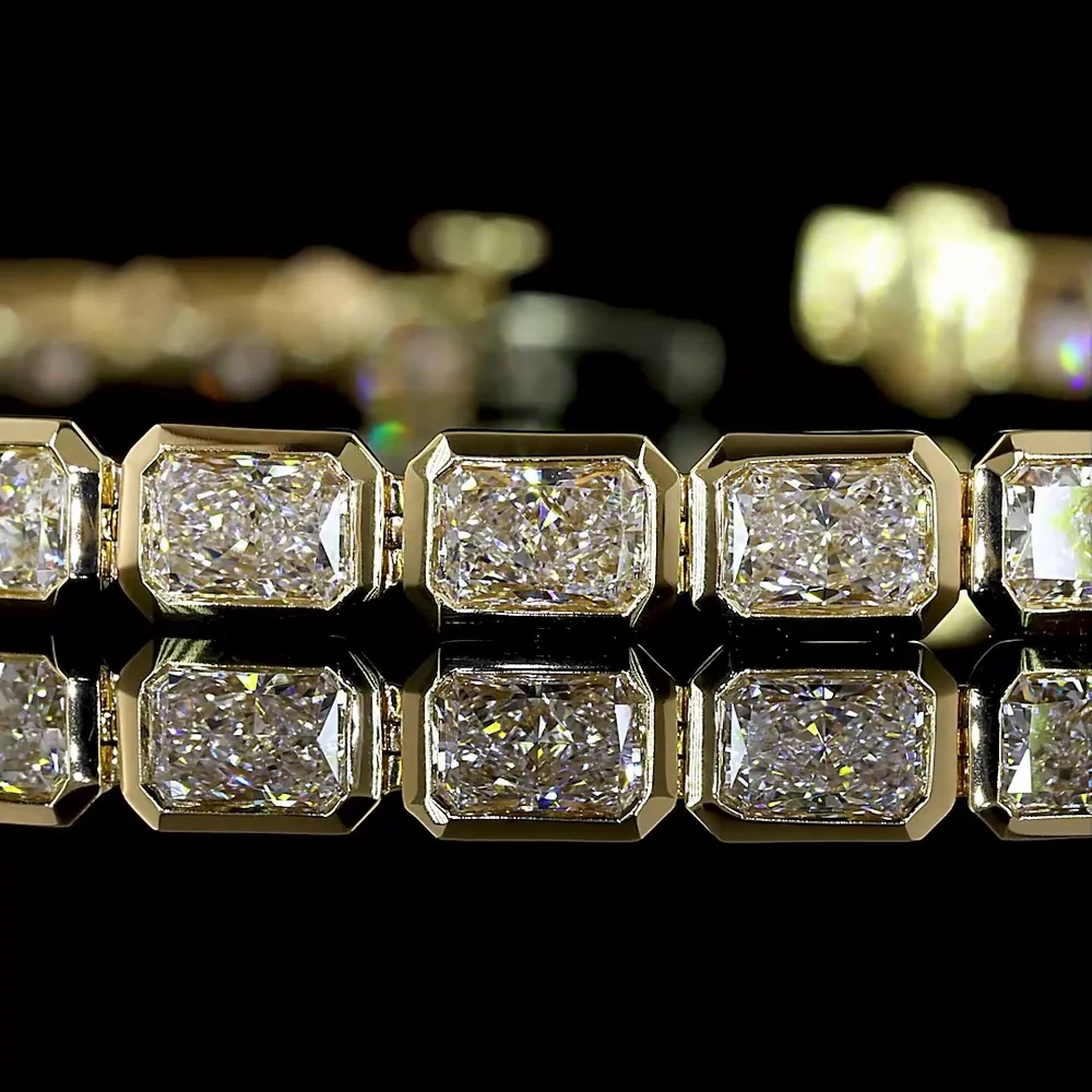 14K Yellow Gold 7" East-West Bezel Set Radiant Cut Lab Diamond Tennis Bracelet - 7.11 Carats Total Diamond Weight - Covaloro Fine Jewelry - Image 2