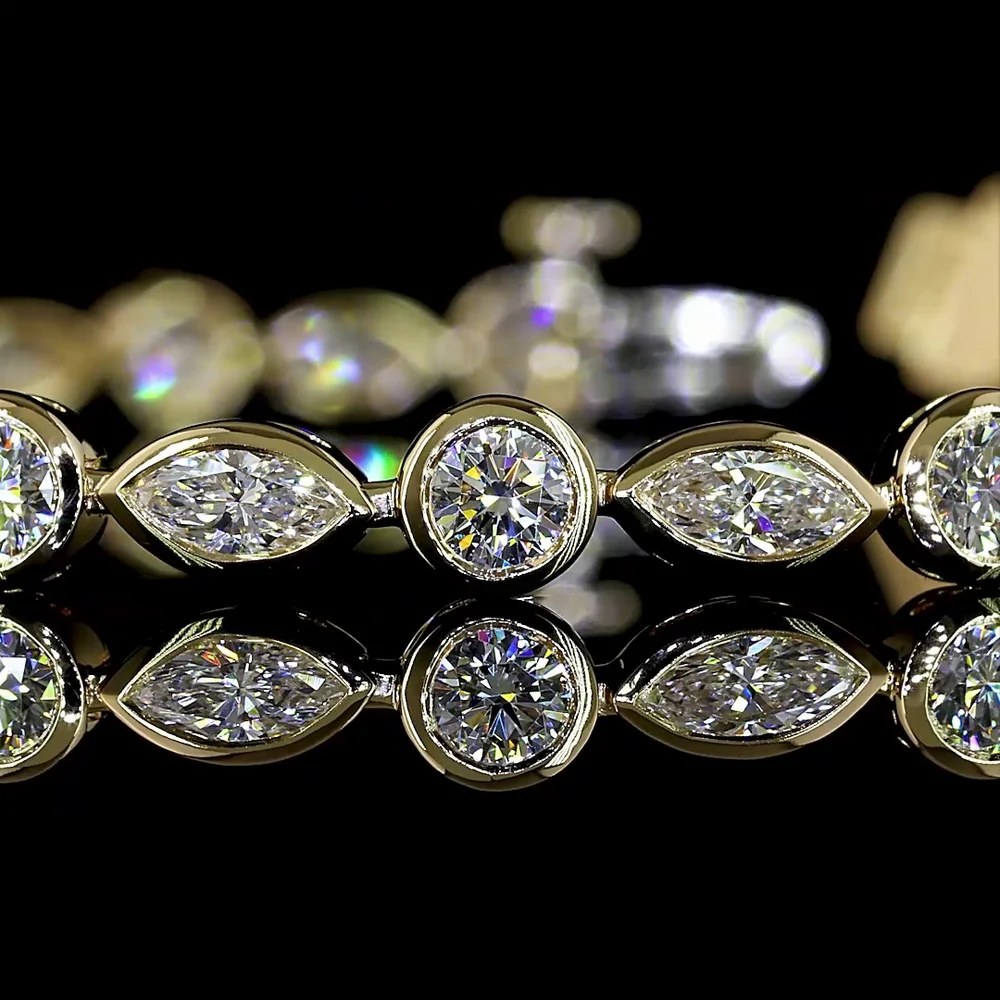 14K Yellow Gold 7-Inch Tennis Bracelet with Alternating Round and East-West Marquise Bezel Set Lab Diamonds - 4.02 Carat Total Weight - Covaloro Fine Jewelry - Image 2