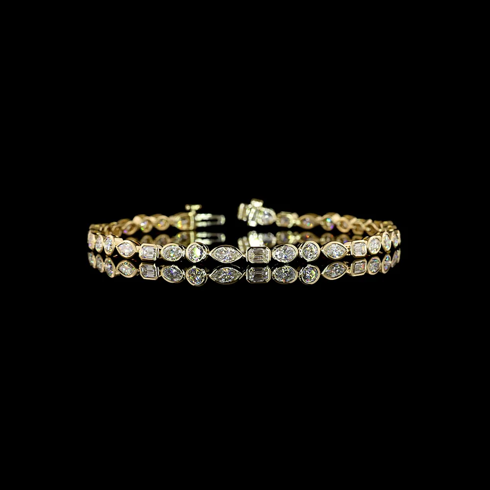 14K Yellow Gold 7-Inch Tennis Bracelet with East-West Bezel Set Emerald, Round, Marquise, and Oval Lab Diamonds - 4.64 Carat Total Diamond Weight - Covaloro Fine Jewelry