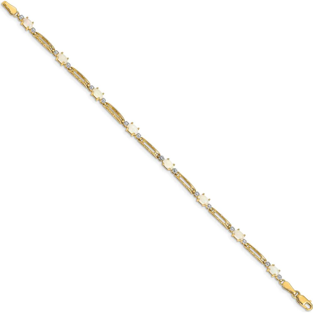 14K Yellow Gold 7" Opal and Diamond Fancy Link Bracelet - 0.25 Carats Opal, 0.005 Carats Diamond Total Weight by Monteluci Fine Jewelry - Image 2