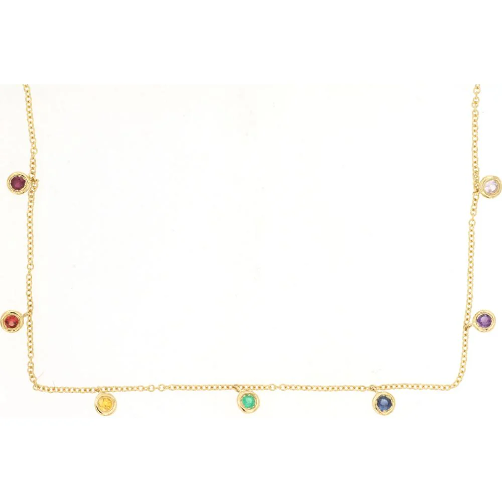 14K Yellow Gold 7 Station Necklace with Round Mixed Sapphires - 0.28 Carat Total Sapphire Weight - Royal Jewelry