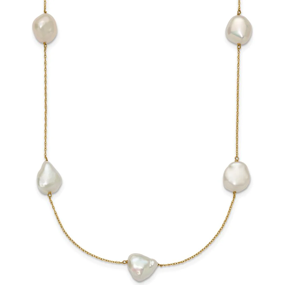 14K Yellow Gold 7-Station Necklace with White Keshi Freshwater Cultured Pearls - 20" Length by Monteluci Fine Jewelry