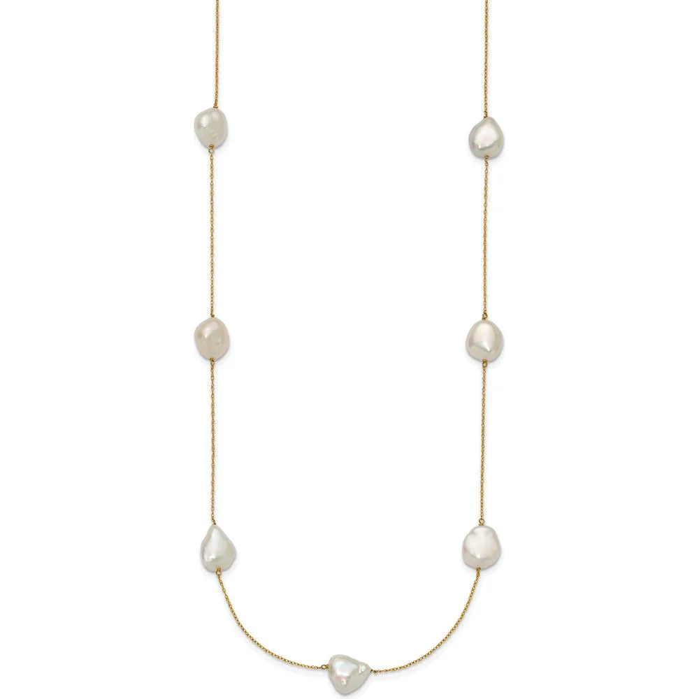 14K Yellow Gold 7-Station Necklace with White Keshi Freshwater Cultured Pearls - 20" Length by Monteluci Fine Jewelry - Image 2