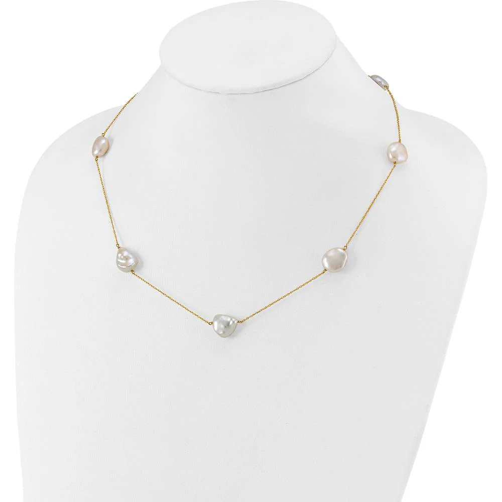 14K Yellow Gold 7-Station Necklace with White Keshi Freshwater Cultured Pearls - 20" Length by Monteluci Fine Jewelry - Image 4