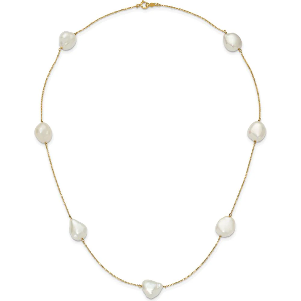 14K Yellow Gold 7-Station Necklace with White Keshi Freshwater Cultured Pearls - 20" Length by Monteluci Fine Jewelry - Image 5