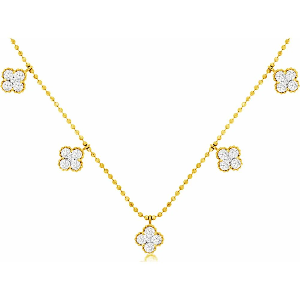 14K Yellow Gold 7-Station Quatrefoil Diamond Necklace with Beaded Chain and Milgrain Detail - 1.06 Carat Total Diamond Weight - Royal Jewelry