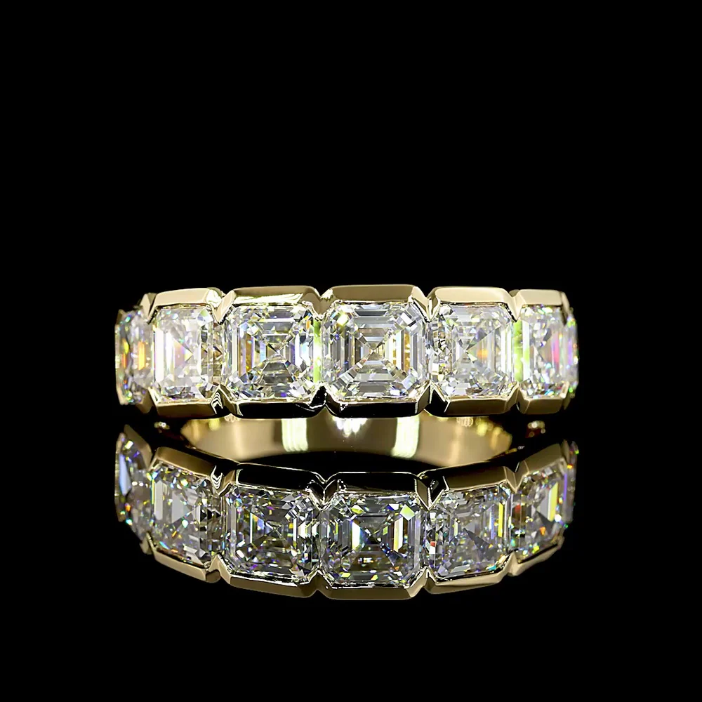 14K Yellow Gold 7-Stone Eternity Band with Half-Bezel Set Asscher Cut Lab Diamonds - 4.48 Carats Total Diamond Weight - Covaloro Fine Jewelry
