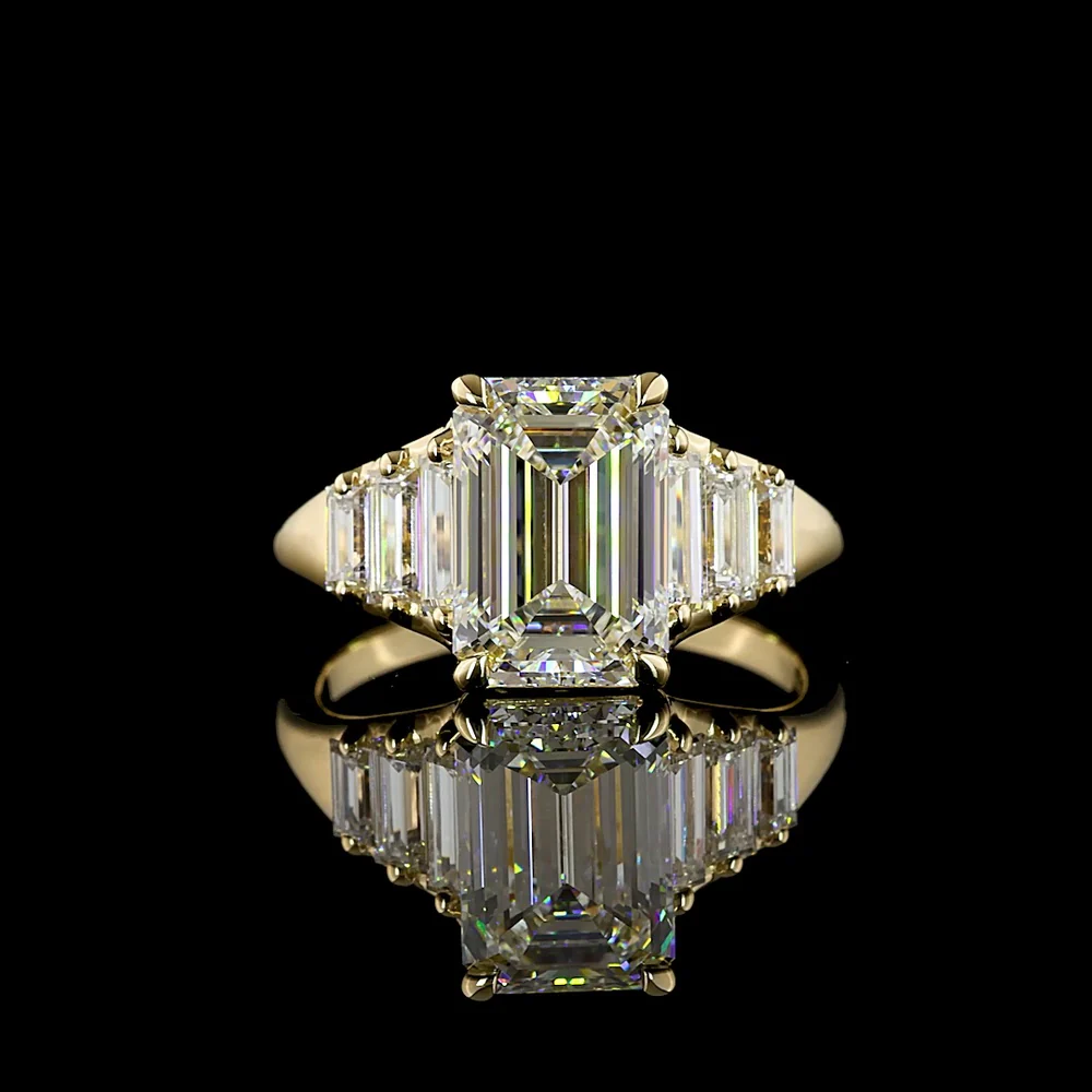 14K Yellow Gold 7 Stone Ring with 3.08 Carat Emerald Cut Lab Diamond and Baguette Accents - 3.97 Total Carat Weight - Covaloro Fine Jewelry