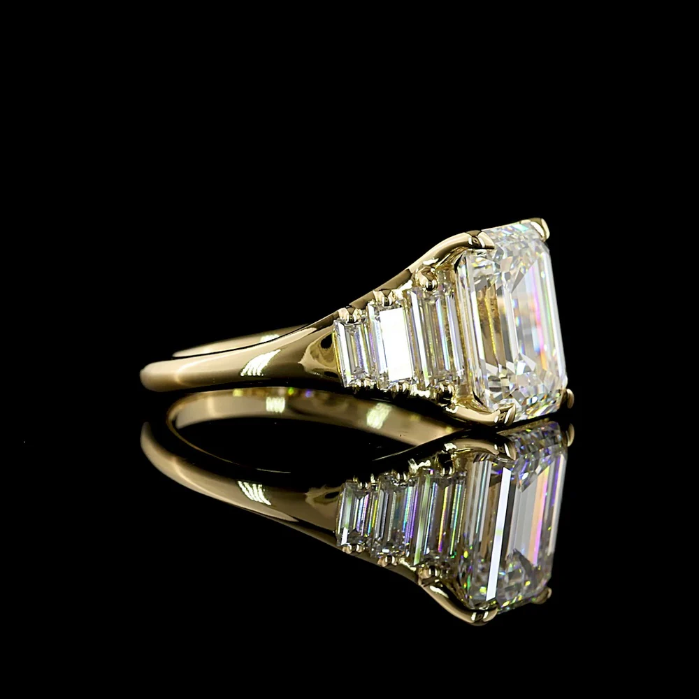 14K Yellow Gold 7 Stone Ring with 3.08 Carat Emerald Cut Lab Diamond and Baguette Accents - 3.97 Total Carat Weight - Covaloro Fine Jewelry - Image 2