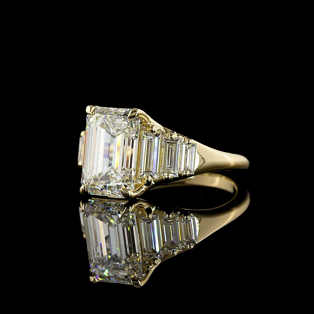 14K Yellow Gold 7 Stone Ring with 3.08 Carat Emerald Cut Lab Diamond and Baguette Accents - 3.97 Total Carat Weight - Covaloro Fine Jewelry - Image 3