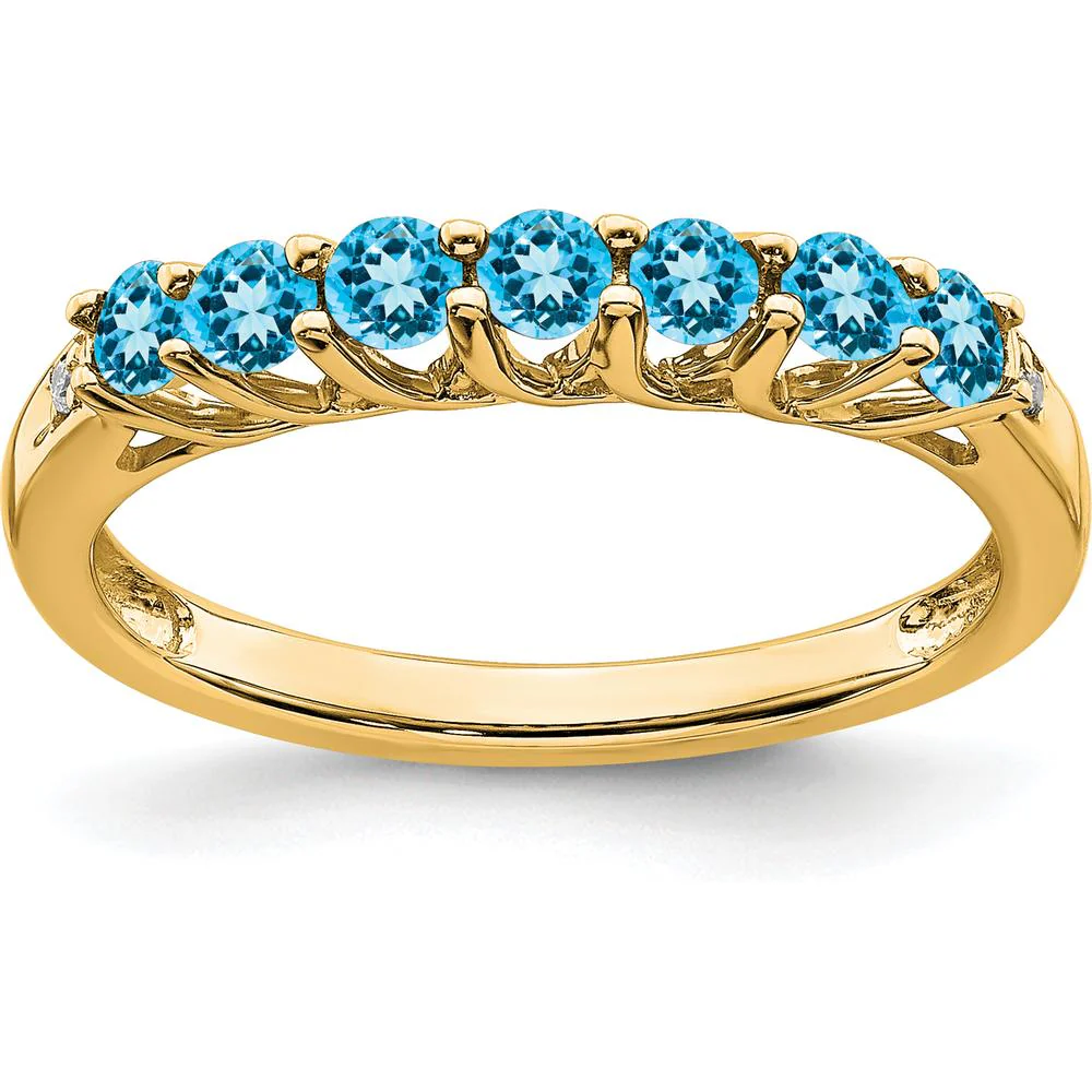 14K Yellow Gold 7-Stone Swiss Blue Topaz and Diamond Band Ring - 0.08 Carat Total Blue Topaz Weight, 0.012 Carat Total Diamond Weight - Size 7 by Oro Pregiato