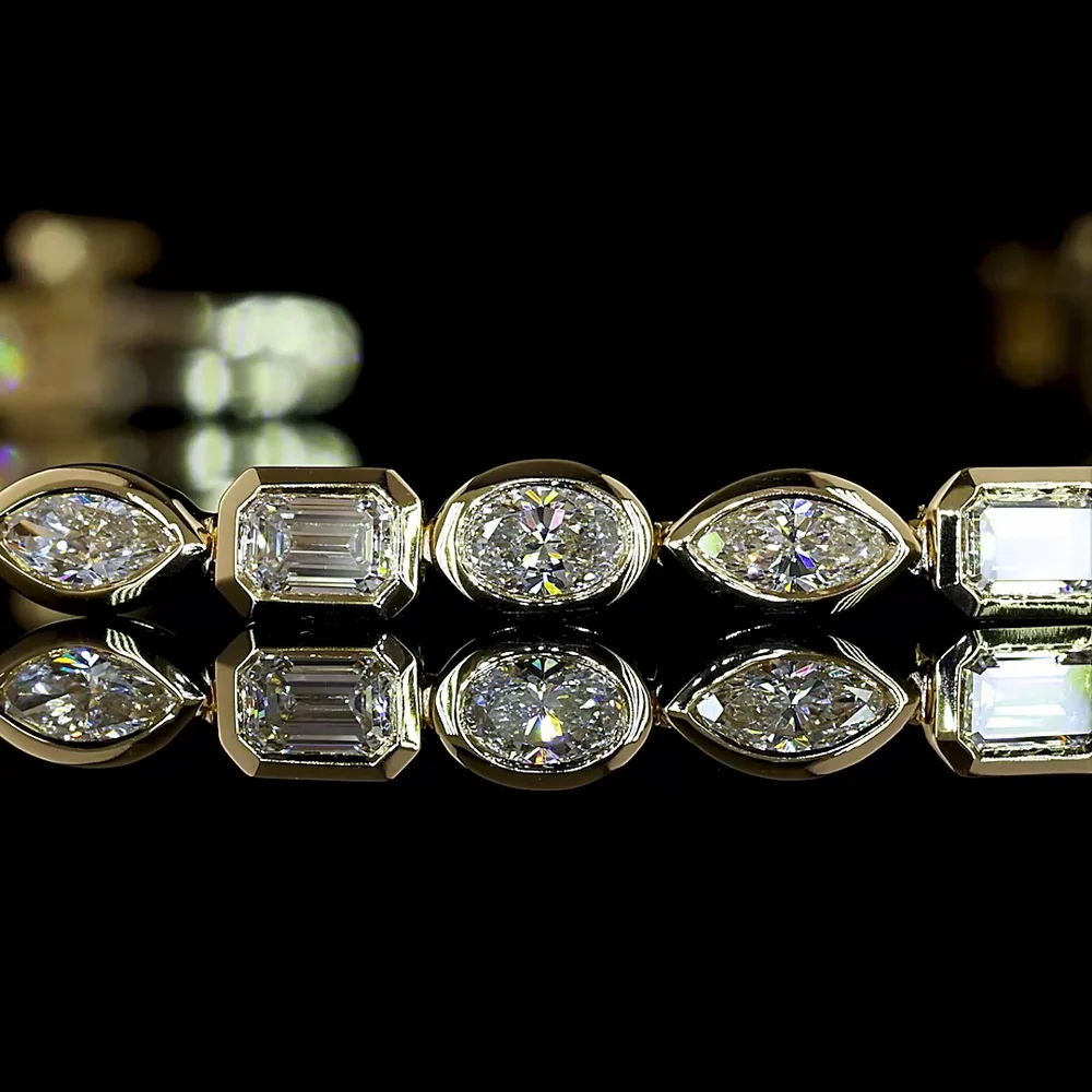 14K Yellow Gold 7" Tennis Bracelet with Mixed Shape Bezel-Set Lab Diamonds (Emerald, Marquise & Oval) - 2.45 Carats Total Diamond Weight - Covaloro Fine Jewelry - Image 2