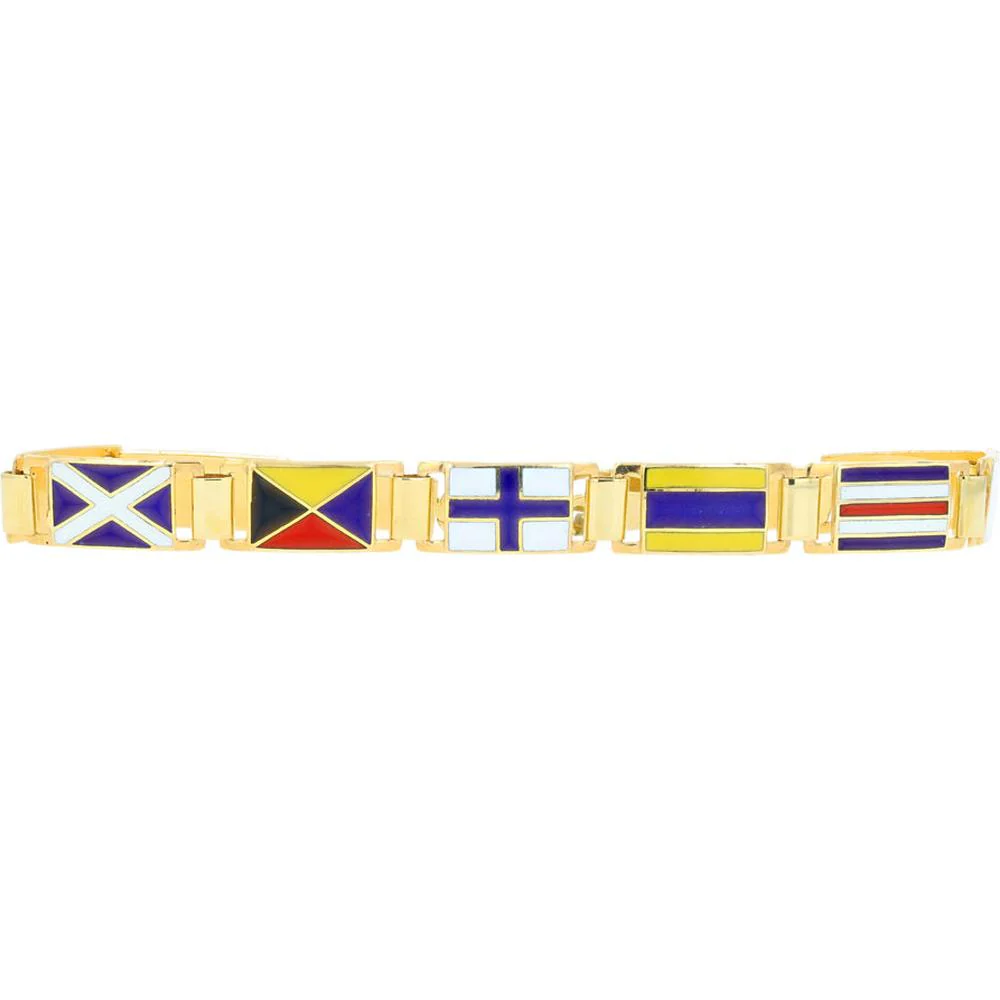 14K Yellow Gold 8.25" Sailing Flag Link Bracelet with Vibrant Enamel Inlays - 18.55g Total Weight