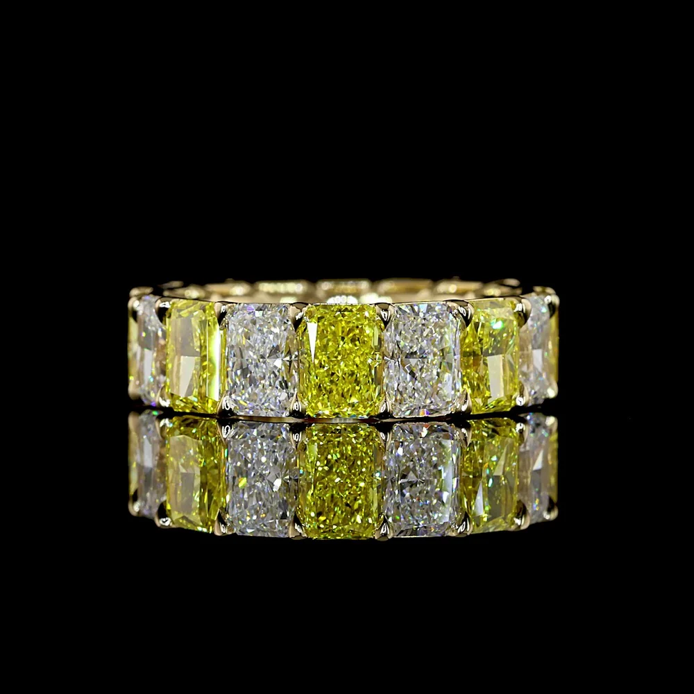 14K Yellow Gold 8.4 Carat Radiant Cut Eternity Band with Alternating Fancy Vivid Yellow and Colorless Lab Diamonds - North-South Prong Set, 16 Stones Total - Covaloro Fine Jewelry