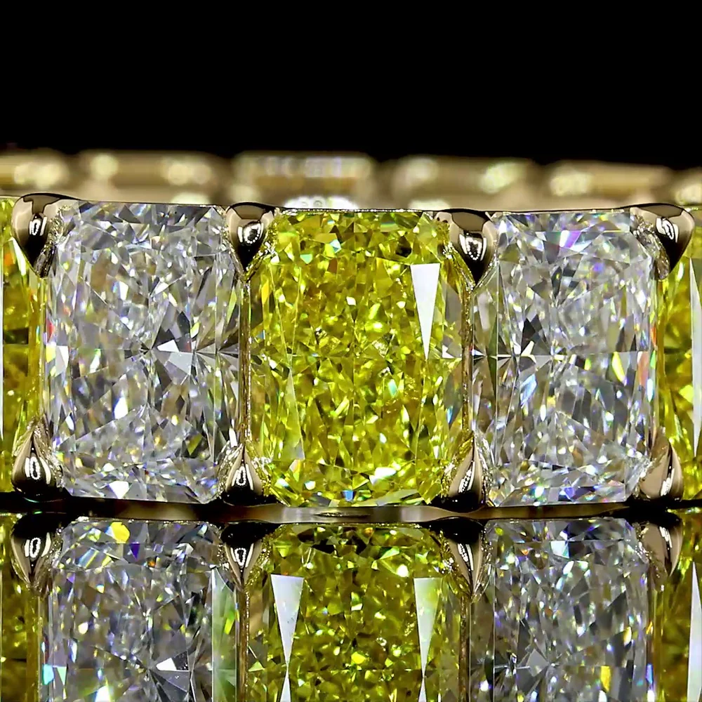 14K Yellow Gold 8.4 Carat Radiant Cut Eternity Band with Alternating Fancy Vivid Yellow and Colorless Lab Diamonds - North-South Prong Set, 16 Stones Total - Covaloro Fine Jewelry - Image 2