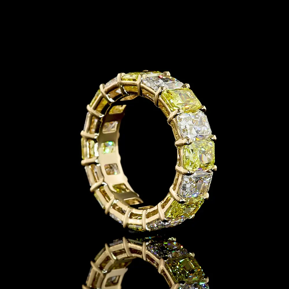 14K Yellow Gold 8.4 Carat Radiant Cut Eternity Band with Alternating Fancy Vivid Yellow and Colorless Lab Diamonds - North-South Prong Set, 16 Stones Total - Covaloro Fine Jewelry - Image 3