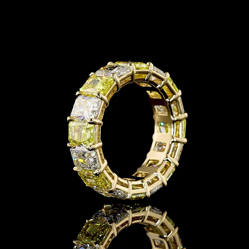 14K Yellow Gold 8.4 Carat Radiant Cut Eternity Band with Alternating Fancy Vivid Yellow and Colorless Lab Diamonds - North-South Prong Set, 16 Stones Total - Covaloro Fine Jewelry - Image 4
