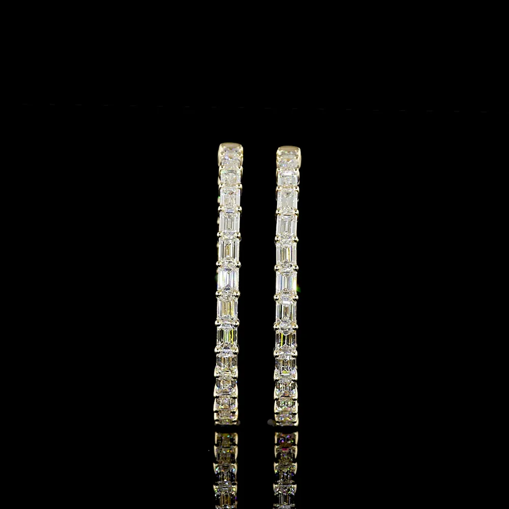 14K Yellow Gold 8.64 Carats Total Weight Emerald Cut Lab Diamond East-West Hoop Earrings - 50 Stones, E-F VS2 Clarity - Covaloro Fine Jewelry