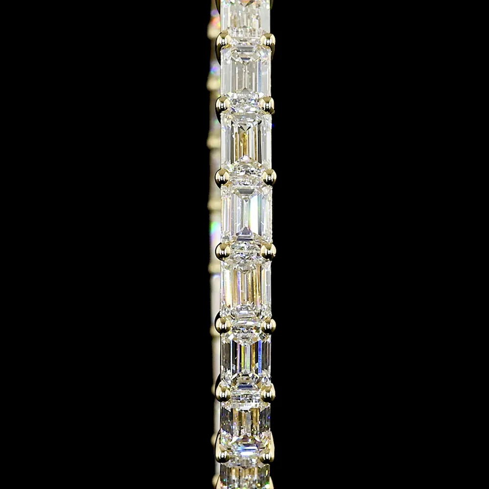 14K Yellow Gold 8.64 Carats Total Weight Emerald Cut Lab Diamond East-West Hoop Earrings - 50 Stones, E-F VS2 Clarity - Covaloro Fine Jewelry - Image 2